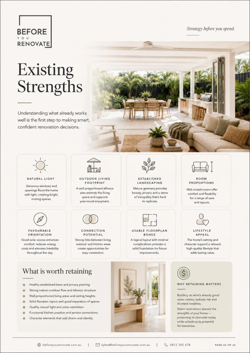 Internal page of the Renovation Strategy Report showing existing property strengths