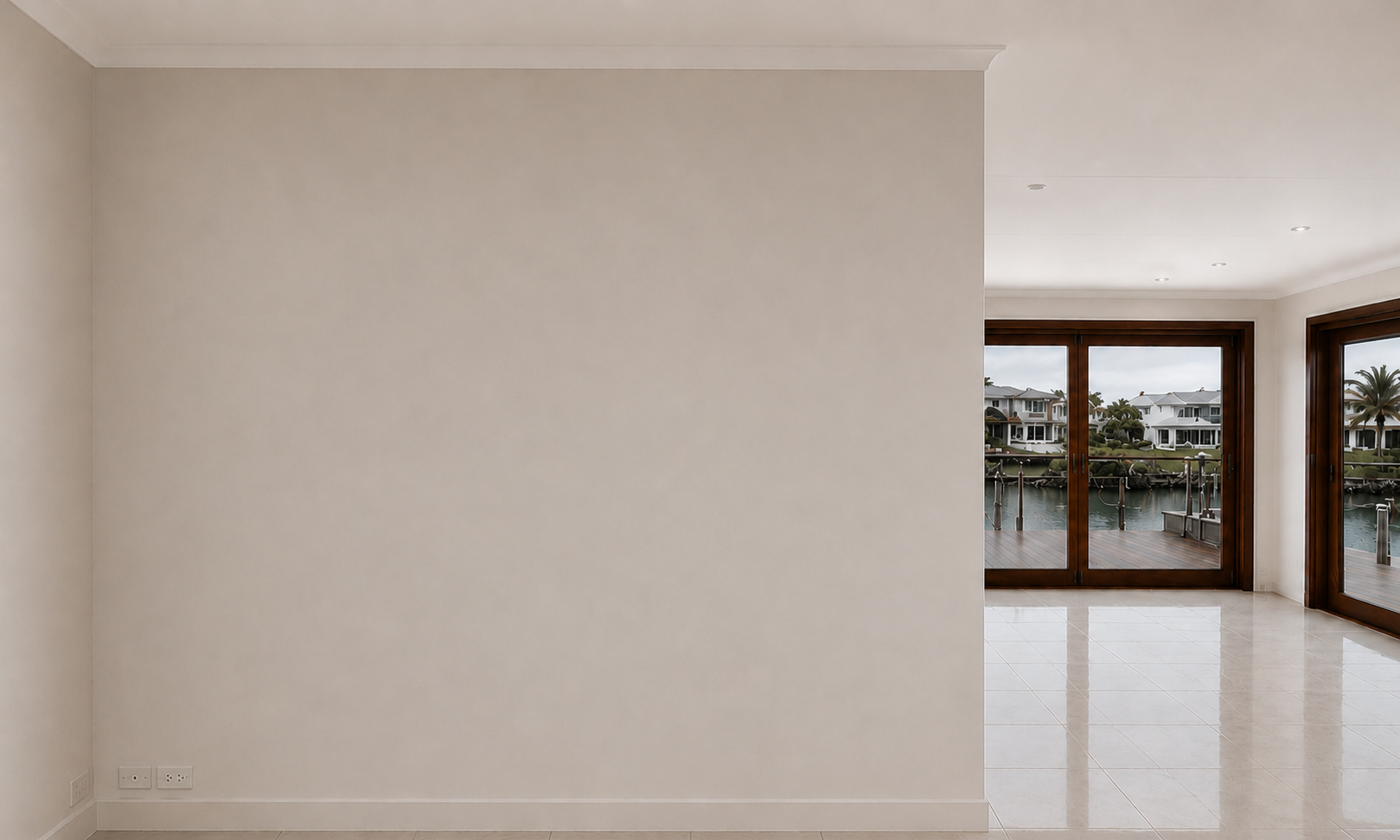 Original living area with a structural wall interrupting the view to the canal