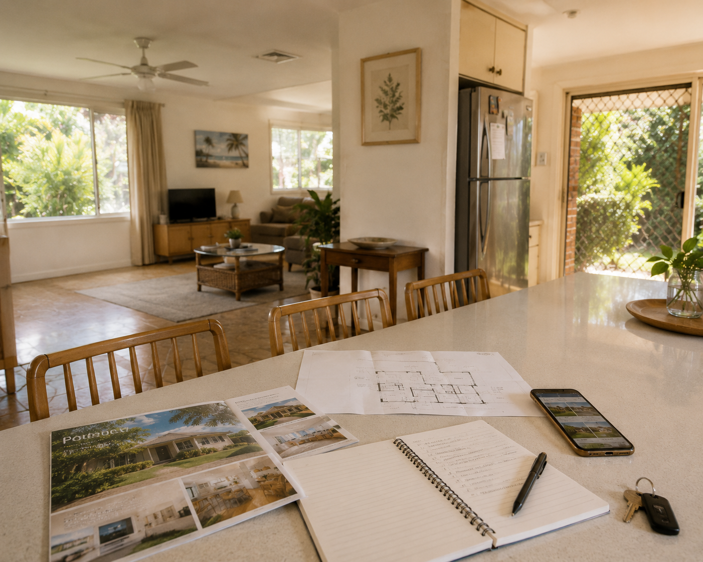 Kitchen bench with floorplans, notebook, phone and keys, with a light-filled living area in the background