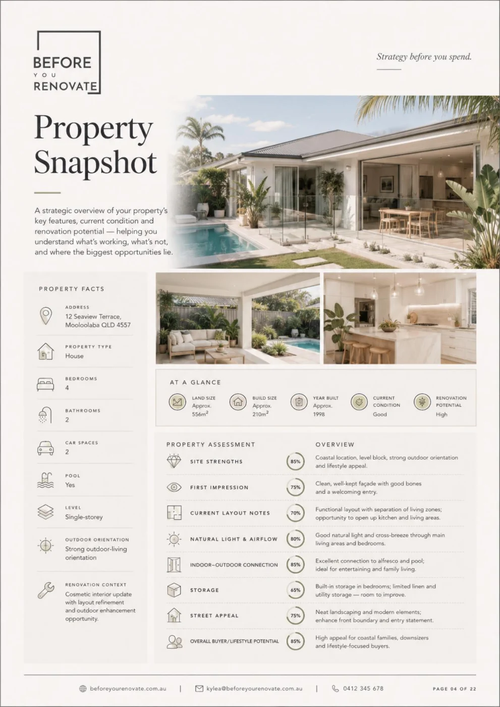 Internal page of the Renovation Strategy Report showing the property snapshot and assessment