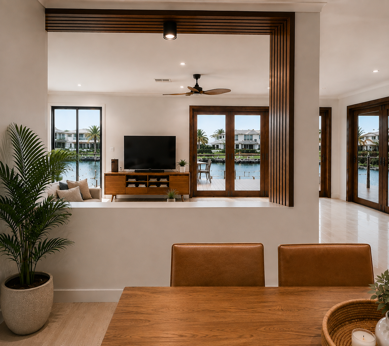 Finished living room with a framed opening towards the canal