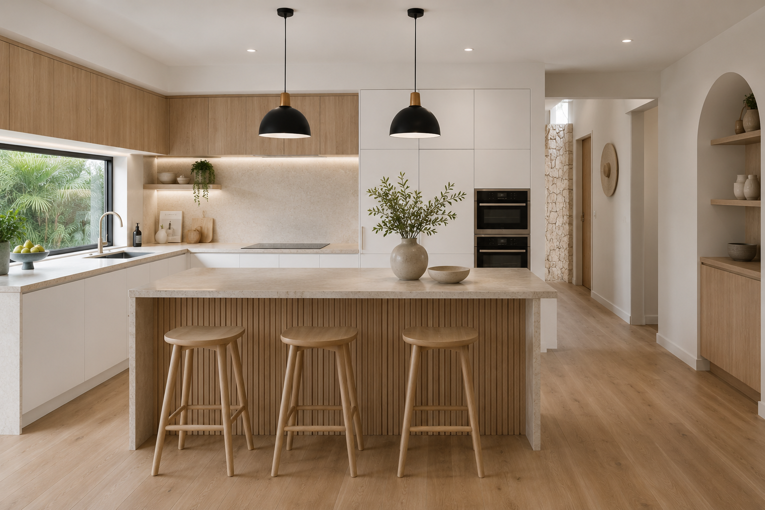 Modern kitchen with island bench, timber joinery and black pendant lighting