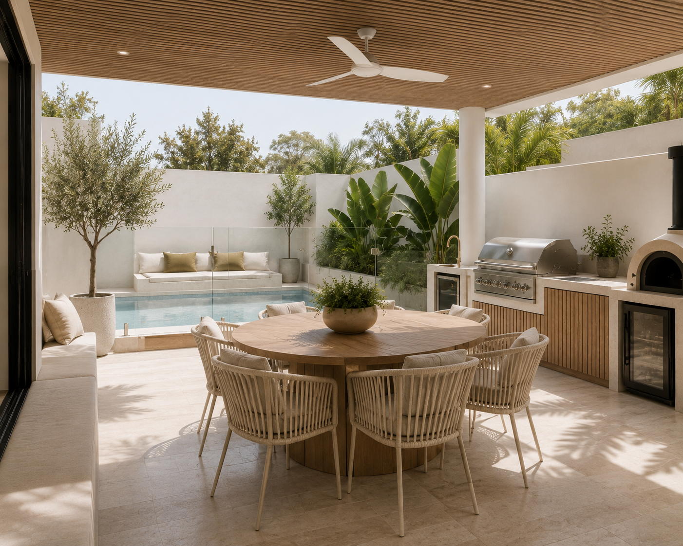Covered outdoor entertaining area with dining table, BBQ, pizza oven and pool surrounded by lush planting