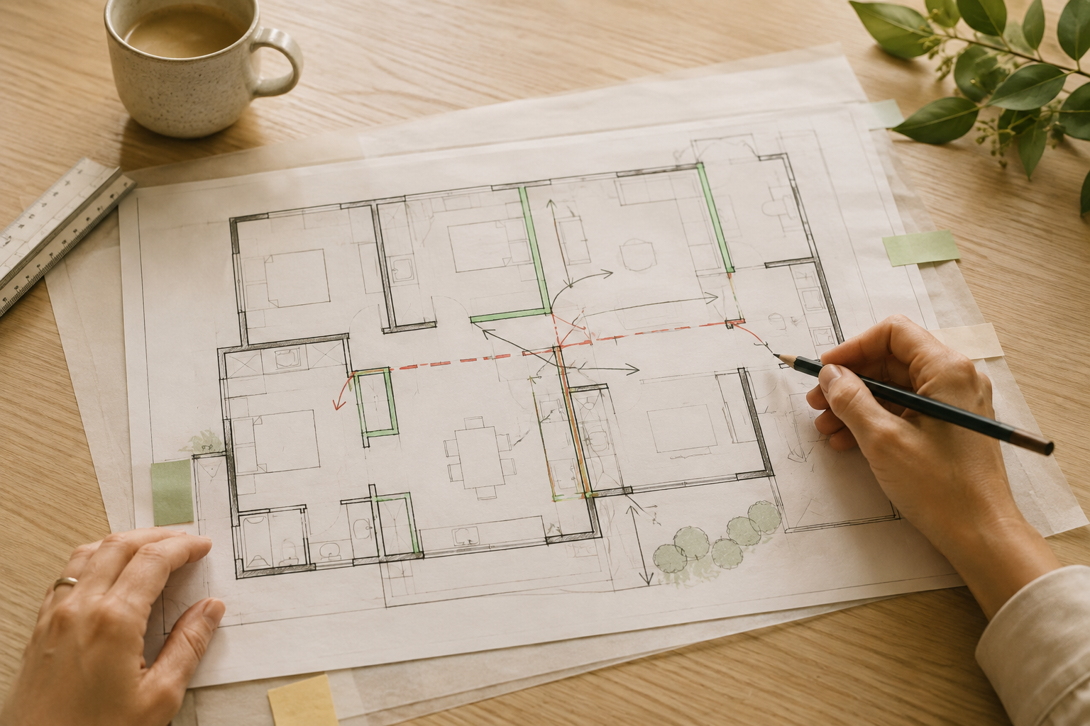 Annotated floor plan on a timber desk with walls marked for change