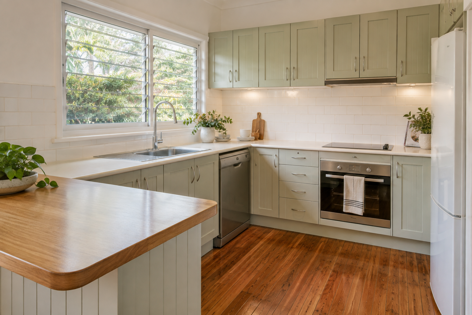 Neat sage-green kitchen with white tiled splashback and timber benchtop