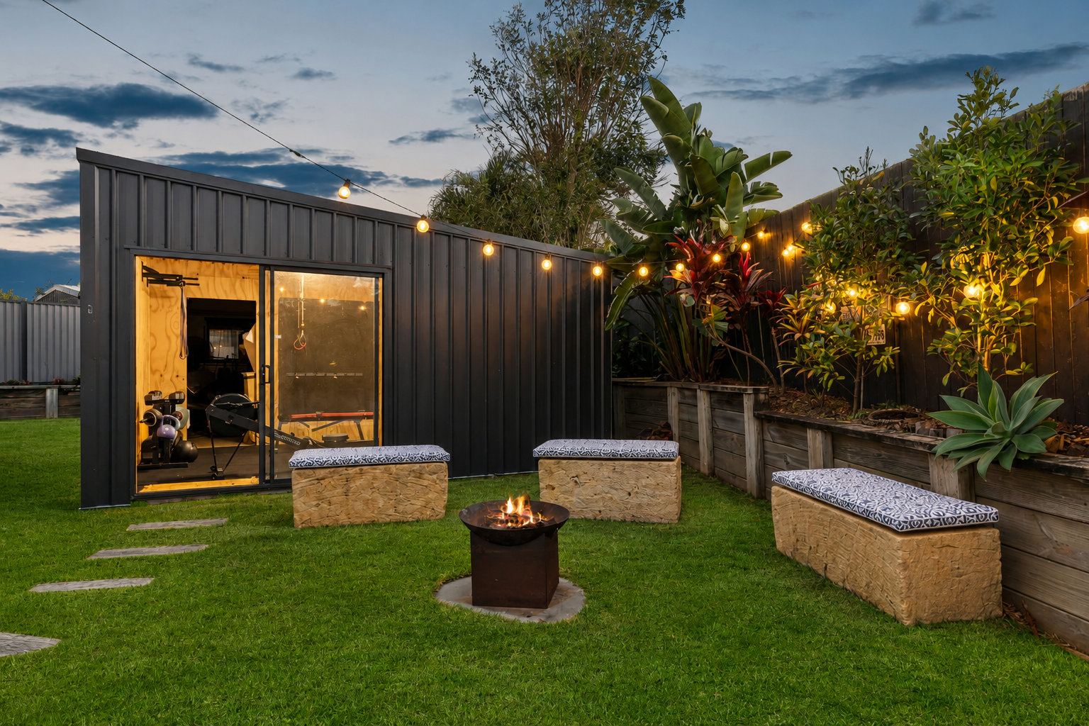 New shed used as a home gym, with firepit, timber bench seating and festoon lighting