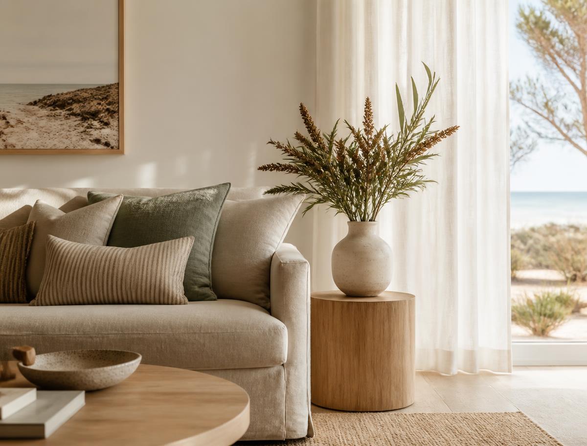 Calm living room with a linen sofa and a vase of foliage
