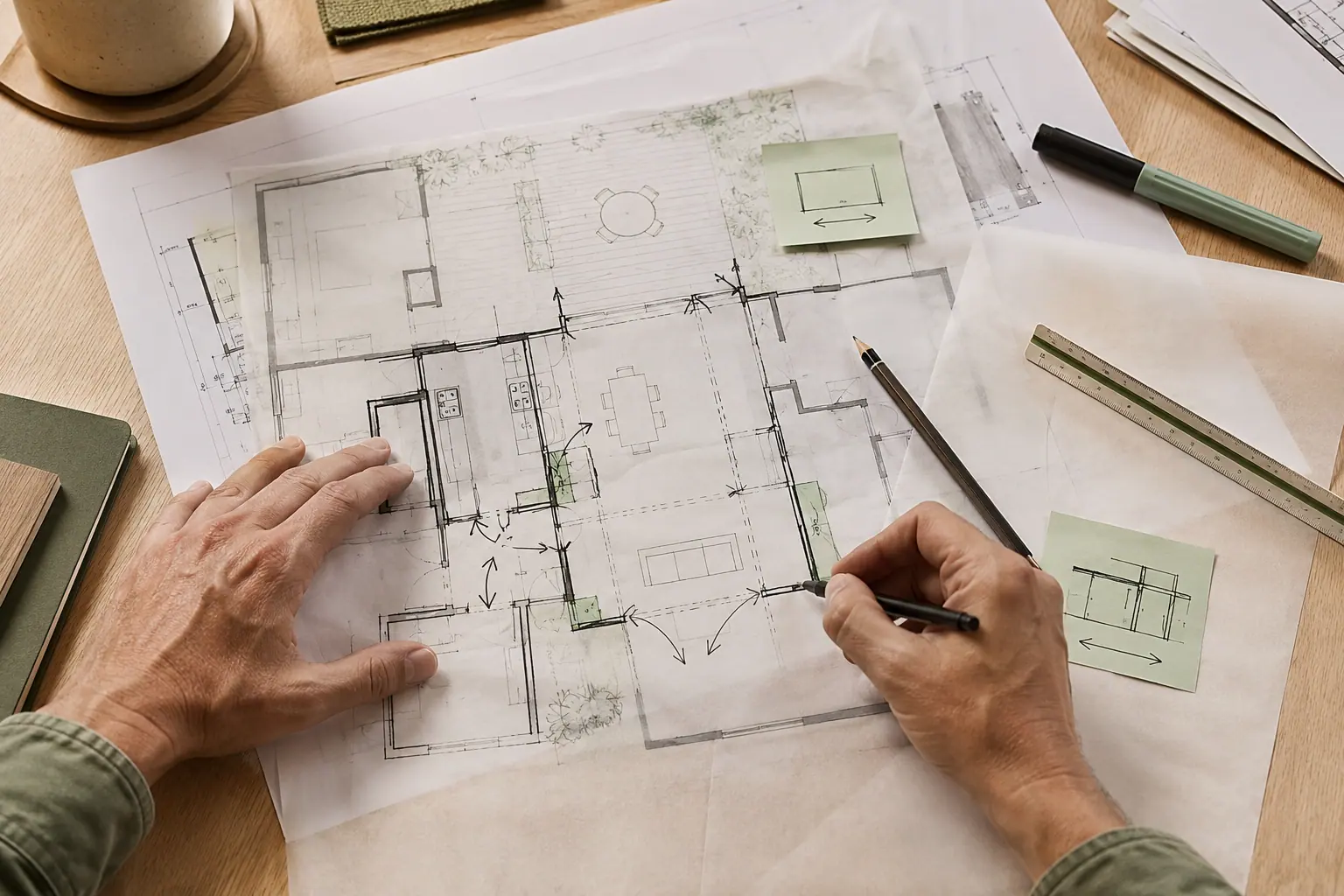 Hands marking up a floor plan with notes and arrows to assess renovation potential