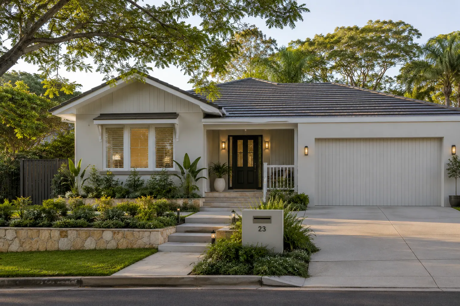 Single-level Sunshine Coast home with a black front door, landscaped garden and stone retaining wall