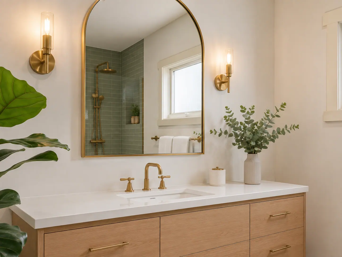 Close-up of the renovated bathroom vanity with timber cabinetry, stone benchtop and brass fixtures