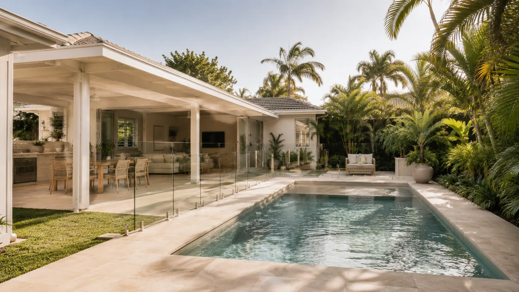 Covered outdoor living area beside a pool, with bi-fold doors opening to an open-plan Sunshine Coast interior