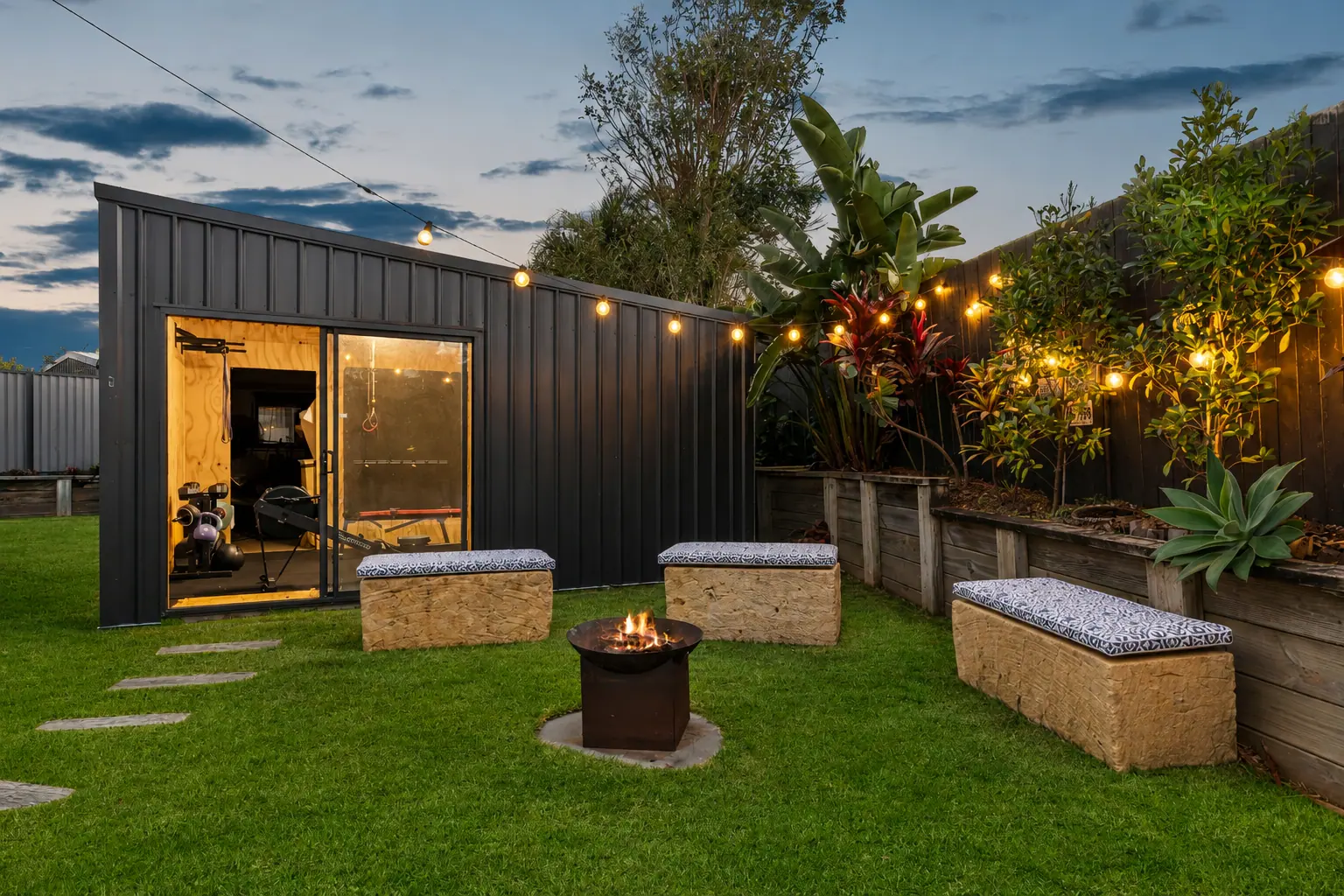 New shed used as a home gym, with firepit, timber bench seating and festoon lighting